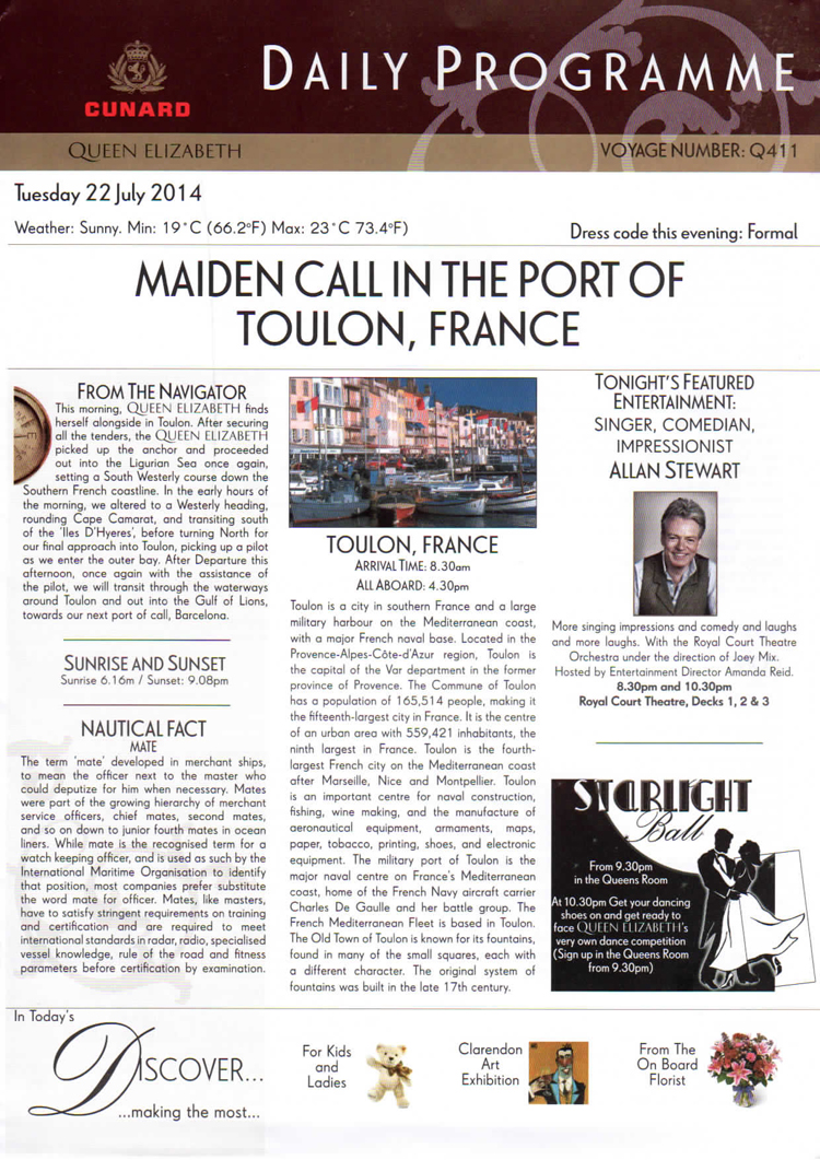 Daily Programme - Queen Elizabeth - Toulon - 22-07-2014