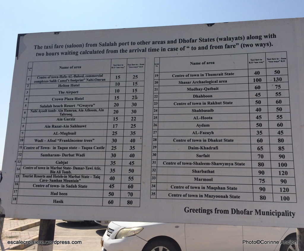 Escale à Salalah - Sultanat d'Oman - Tarifs taxi