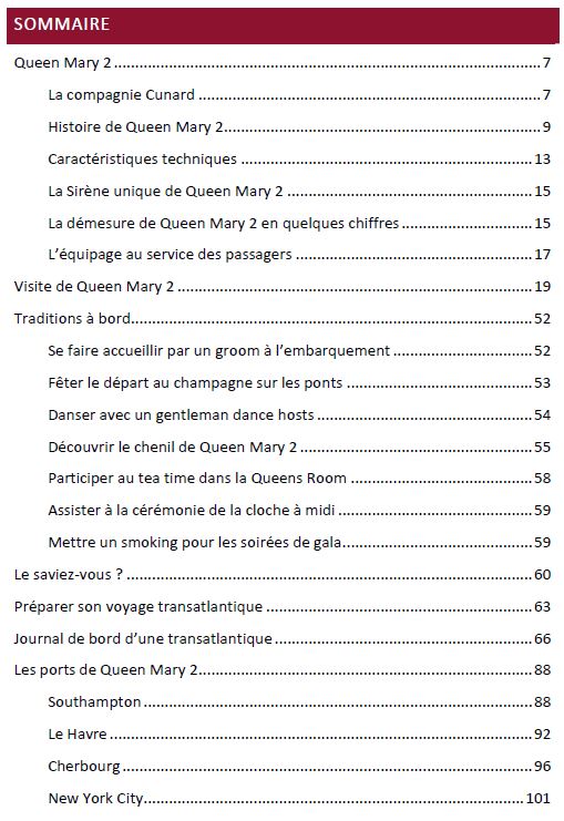 Sommaire Queen Mary 2 - Guide de voyage transatlantique