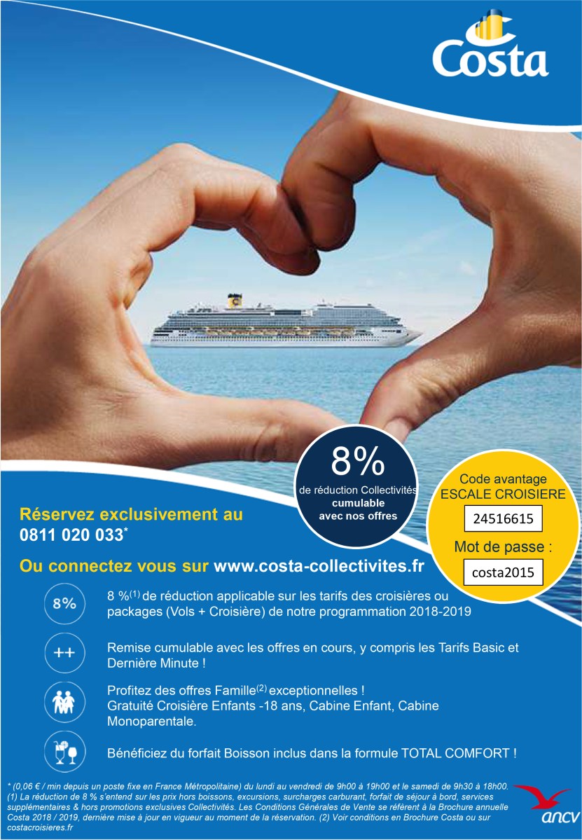Bon plan Costa - Avantage Escale Croisière - Offre 8% Costa Croisières