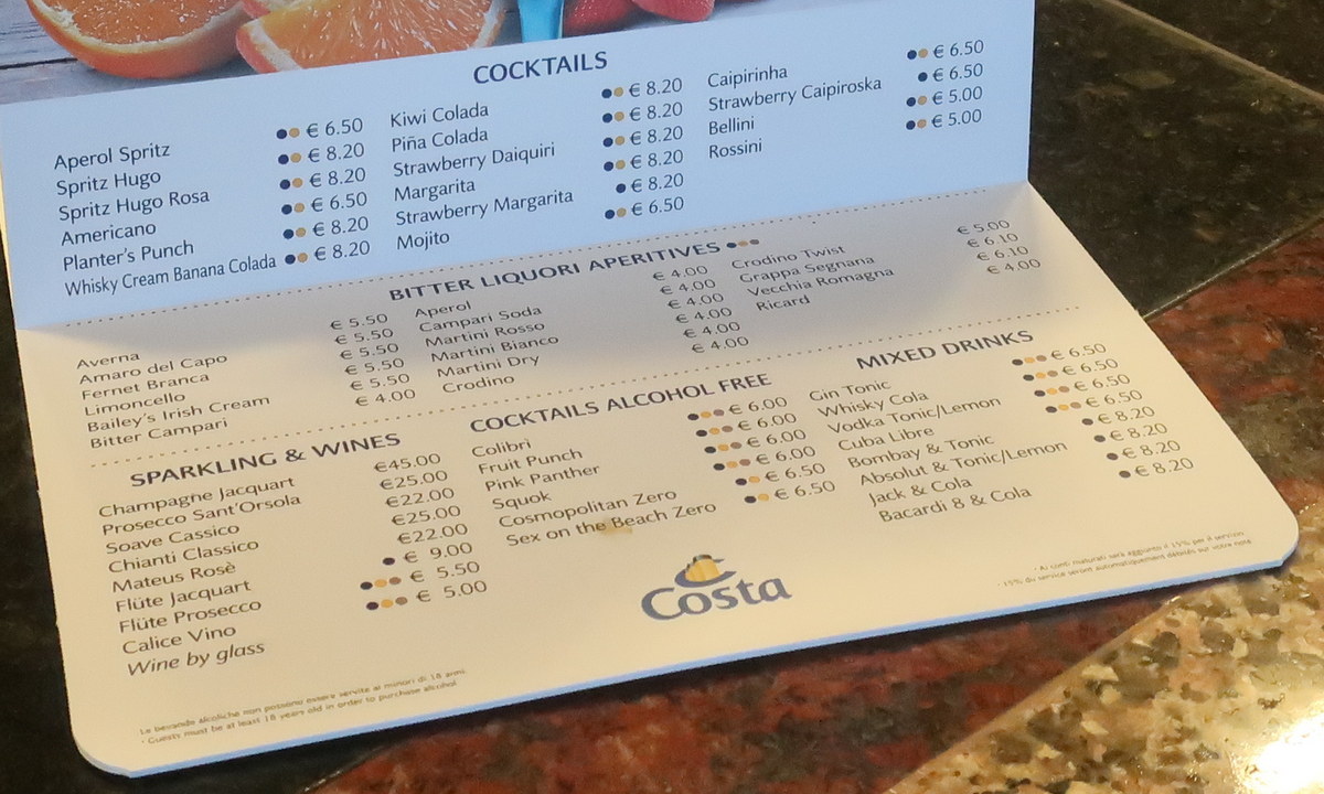 Carte boisson - Costa Fascinosa